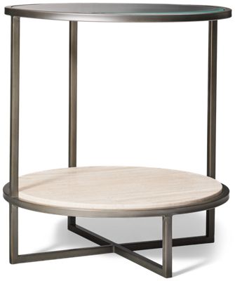 Harlow Round End Table - Beveled Tempered Glass Top - Open Travertine Shelf - Oil-Rubbed Bronze Frame - Transitional Glam
