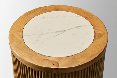 Camdill Round End Table - Faux Carrara Marble Top - Fluted Plinth Base - Contemporary