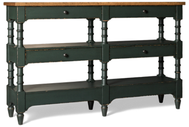 Country Living Console Table - Turned Legs - 4 Storage Drawers - Open Shelves