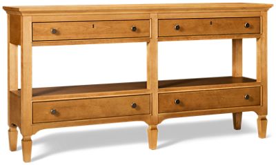 Birchaven Brindle Console - Elegant Transitional Design - 4 Storage Drawers - Aged Pewter Hardware - Open Shelf Storage