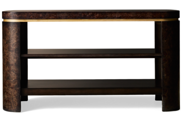 Langford Console Table - Two Open Shelves - Solid Wood & Burl Veneers - Brushed Gold Detailing