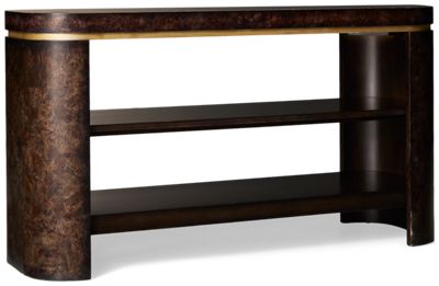 Langford Console Table - Two Open Shelves - Solid Wood & Burl Veneers - Brushed Gold Detailing