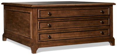 Arden Road Square Coffee Table - 2 Storage Drawers - Felt-Lined Top Drawer - Inset Beveled Glass Top - Antique Brass Hardware - Classic Design