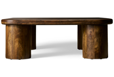 Jofran Mandara Coffee Table - Thick Top - Rounded Corners - Cylindrical Pedestal Legs - Solid Asian Hardwood