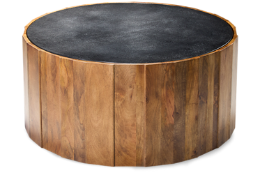 Adrienne Round Coffee Table - Modern Rustic Design - Solid Wood Construction - Offset Scalloped Detail - Sandblasted Black Top - Industrial Edge