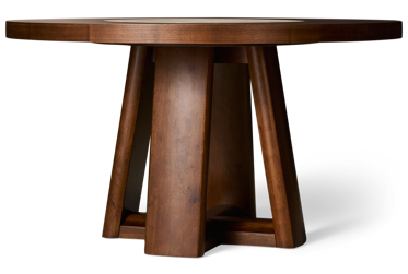 Delia Round Dining Table - Faux Stone Lazy Susan - Decorative Wood Grain Top - Modern Pedestal X-Base - Rich Walnut Finish