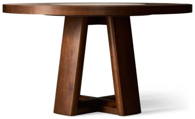 Delia Round Dining Table - Faux Stone Lazy Susan - Decorative Wood Grain Top - Modern Pedestal X-Base - Rich Walnut Finish