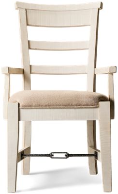 Haven Arm Chair - Plush Fabric Upholstered Seat - Rustic Distressed Finish - Metal Turnbuckle Detail
