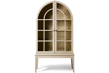 Trisha Yearwood Harmony Display Cabinet - Polished Platinum Hardware - 2 Arched Paned Glass Doors - Adjustable Shelves - Built-In Canister Lighting - Molded Details