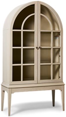 Harmony Fros Display Cabinet - Polished Platinum Hardware - Arched Paned Glass Doors - Adjustable Shelves - Built-In Canister Lighting - Molded Details