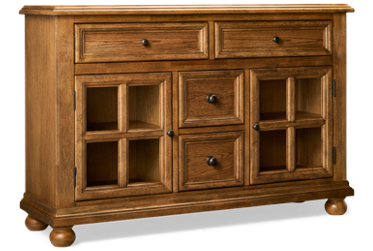 Country Living Server - 4 Storage Drawers - 2 Glass Front Doors - Cast Iron Hardware - Vintage Charm - Modern Functionality