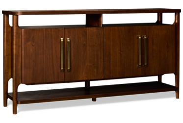 Delia 4 Door Server - Rounded Front Corners - Elegant Brass Pulls - Open Top & Bottom Shelves - Rich Walnut Finish