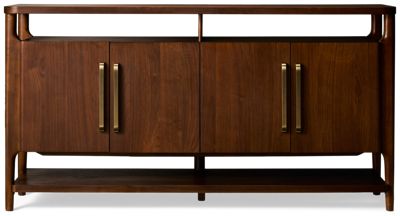 Delia 4 Door Server - Rounded Front Corners - Elegant Brass Pulls - Open Top & Bottom Shelves - Rich Walnut Finish