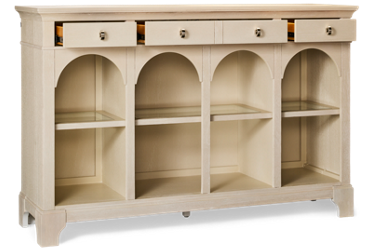 Trisha Yearwood Harmony Credenza - 3 Drawers - 4 Storage Compartments - Built-In Canister Lighting - Polished Platinum Hardware
