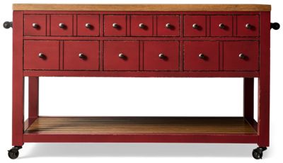 Country Living Kitchen Island - Rustic Charm - Six Storage Drawers - Planked Wooden Top - Open Compartments - Easy Glide Casters