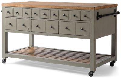 Country Living Kitchen Island - Rustic Charm - Six Storage Drawers - Planked Wooden Top - Open Compartments - Easy Glide Casters