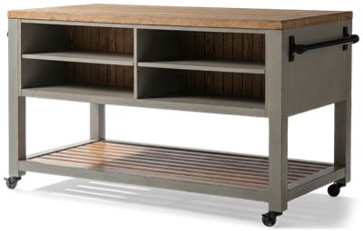 Country Living Kitchen Island - Rustic Charm - Six Storage Drawers - Planked Wooden Top - Open Compartments - Easy Glide Casters