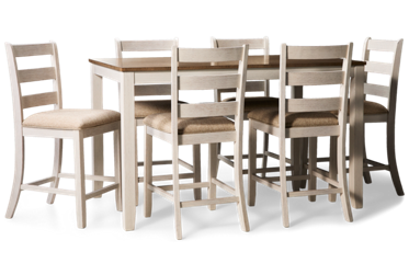 Skempton 7 Piece Counter Height Dining Set - Elegant Farmhouse Design - Distressed Two-Tone Table - Six Upholstered Ladderback Stools