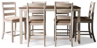 Skempton 7 Piece Counter Height Dining Set - Elegant Farmhouse Design - Distressed Two-Tone Table - Six Upholstered Ladderback Stools