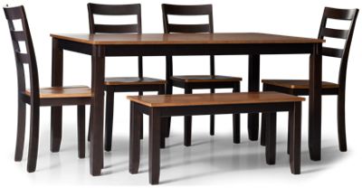 Gesthaven 6 Piece Dining Set - Rectangular Butcher Block Veneer Table - Four Ladder Back Chairs - Matching Bench - Transitional Two-Tone Design