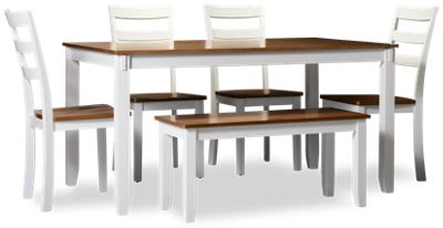 Gesthaven 6 Piece Dining Set - Rectangular Butcher Block Veneer Table - Four Ladder Back Chairs - Matching Bench - Transitional Two-Tone Design