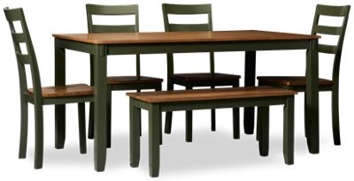Gesthaven 6 Piece Dining Set - Rectangular Butcher Block Veneer Table - Four Ladder Back Chairs - Matching Bench - Transitional Two-Tone Design