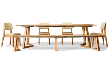 Transformer Nova 6 Piece Dining Set - Solid Oak - Extendable Table & Bench - 4 Upholstered Side Chairs - Seats up to 10