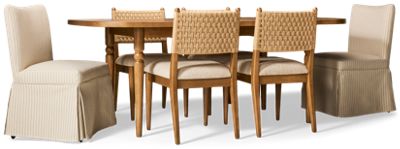 Eleanor 7 Piece Dining Set - Rectangular Table with 18" Extension Leaf - 4 Woven Back Side Chairs - 2 Skirted Upholstered Side Chairs - Seats 6