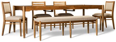 Hayleigh 6 Piece Dining Set - Rectangular Table with 18" Self-Storing Leaf - 2 Slat-Back Side Chairs - 2 Upholstered Chairs - Upholstered Bench - Seats up to 7