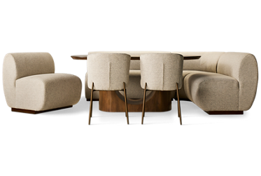 Urban Nest Banquette 8 Piece Set - Modular Dining Nook - U-Pedestal Base Table - Curved Banquette Bench - 2 Side Chairs - Soft Performance Fabric