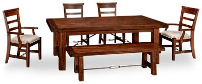 Vineyard 6 Piece Dining Set - Solid Mahogany Table - 2 Convenient Leaves - Plush Upholstered Chairs - Wood Bench - Rustic Finish