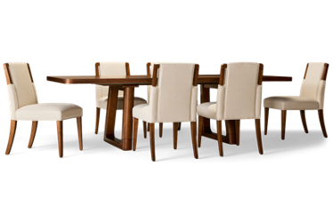 Delia 7 Piece Dining Set - Rectangular Table - Modern Trestle Design - Self-Storing 20" Leaf - Six Upholstered Chairs - Rich Walnut Finish