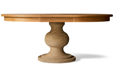 Birchaven Round Dining Table - Sculptural Abaca-Wrapped Pedestal Base - Thick Wood Grain Top - One 18" Extension Leaf