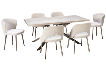 Asterisk 7 Piece Dining Set - Rectangular White Oak Table with Welded Steel Base - Six Upholstered Side Chairs - Elegant Sugar Bronze Finish - Seats 6