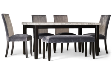 Napoli 6 Piece Dining Set - Marble Veneer Table - 4 Side Chairs - Upholstered Bench - Soft Velvet