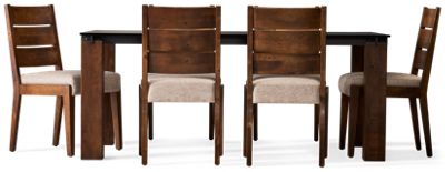 Loft 7 Piece Dining Set - Glass Top Table with Distressed Solid Birch Base - Upholstered Side Chairs