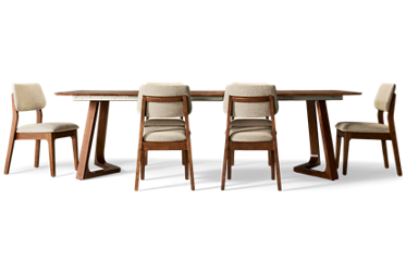 Transformer Nova 7 Piece Dining Set - Solid Oak - Extendable Table - 6 Stackable Upholstered Side Chairs