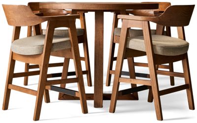 Mia 5 Piece Counter Height Dining Set - Modern Round Table - 4 Upholstered Stools - Classic Style - Solid Asian Hardwood