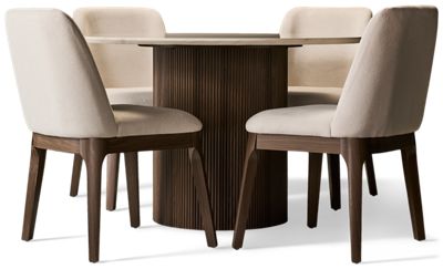 Sophia 5 Piece Dining Set - Round Faux Stone Table - Four Upholstered Chairs - Soft Fabric - Modern Elegance - Seats 4