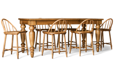 Country Living 7 Piece Counter Height Dining Set - Rectangular Table with Bold Turned Legs - Two Extension Leaves - Six Windsor Chairs with Arched Spindle Backs - Durable Oak Veneers