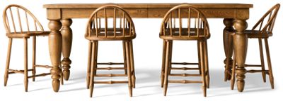 Country Living 7 Piece Counter Height Dining Set - Rectangular Table with Bold Turned Legs - Two Extension Leaves - Six Windsor Chairs with Arched Spindle Backs - Durable Oak Veneers
