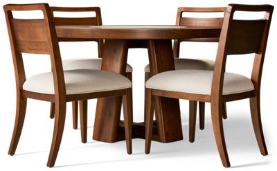 Delia 5 Piece Dining Set - Elegant Round Table - Faux Stone Lazy Susan - Sturdy X Pedestal Base - 4 Wooden Back Chairs - Soft Upholstered Seats