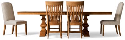 Banks 7 Piece Dining Set - Vintage Charm - Rectangular Double Pedestal Table - Two Extension Leaves - 4 Slat Back Side Chairs - 2 Upholstered Chairs