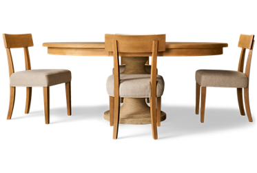 Birchaven 5 Piece Dining Set - Round Wood Table with 18" Leaf - Abaca Wrapped Pedestal Base - 4 Upholstered Side Chairs - Seats 4