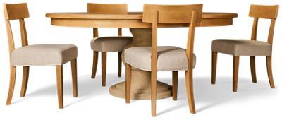 Birchaven 5 Piece Dining Set - Round Wood Table with 18" Leaf - Abaca Wrapped Pedestal Base - 4 Upholstered Side Chairs - Seats 4