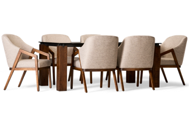 Loft 7 Piece Dining Set - Glass Top Table with Distressed Solid Birch Base - Upholstered Curved Back Chairs