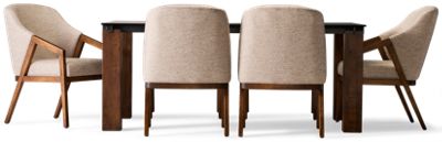 Loft 7 Piece Dining Set - Glass Top Table with Distressed Solid Birch Base - Upholstered Curved Back Chairs