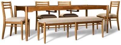 Hayleigh 6 Piece Dining Set - Rectangular Table with 18" Self-Storing Leaf - 4 Slat-Back Side Chairs - Upholstered Bench - Seats up to 7