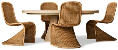 Coastal Dockside 5 Piece Dining Set - Pedestal Base with Leaf - 4 Woven Rattan Chairs