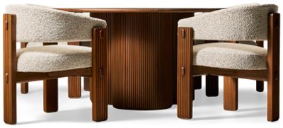 Kindred 5 Piece Dining Set - Elegant Round Table - Smooth Mahogany Top - Fluted Pedestal Base - Four Armchairs - Textured Upholstery